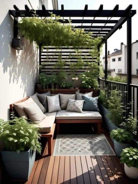 Balcony Seating Area, Balcony Pots Ideas, Balcony Seating Ideas, Balcony Setup, Zen Balcony, Tiny Terrace, Apartment Deck, Narrow Balcony, Beautiful Balcony