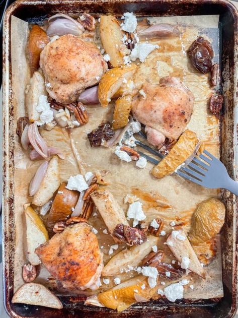 Roasted Chicken and Pears - Caroline Chambers Caroline Chambers, Sliced Pears, Cozy Meals, Pan Recipes, Boneless Skinless Chicken, Sheet Pan Dinners, New Cookbooks, Sheet Pan Recipes, What To Cook