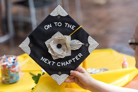 Librarian Graduation Cap, Graduation Cap Designs Book Theme, Hs Graduation Cap Ideas, Next Chapter Graduation Cap, Writer Graduation Cap, Book Themed Graduation Cap, Graduation Cap Designs Books, Bookish Graduation Cap, Bookish Grad Caps