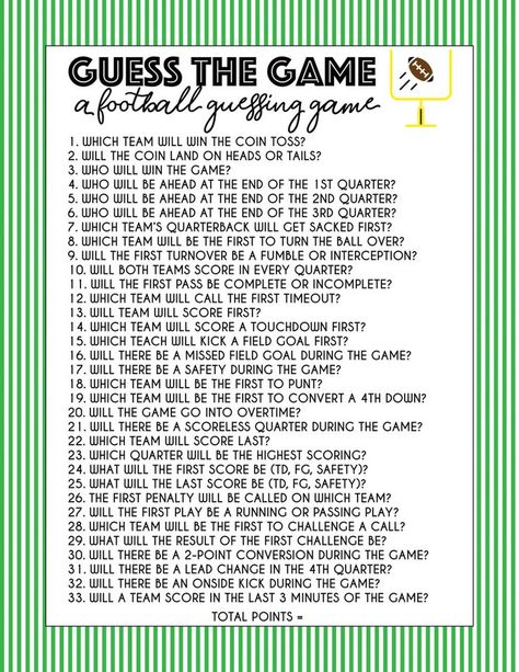 This fun Super Bowl guessing game is great for kids and for adults! See if you can guess who will win the coin toss, who will score first, and more in this easy guessing game! Play during Super Bowl or any football game! #SuperBowl #gameday #freeprintables #partyideas #partygames #gamesforkids Super Bowl Bingo Cards, Fun Football Games, Question Template, Super Bowl Bingo, Superbowl Squares, Trophy Diy, Superbowl Party Games, Super Bowl Trophy, Super Bowl Decorations