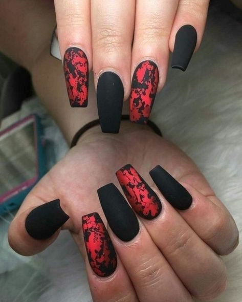 If you are having lovely longer nail, you can take a look of the collection where we have got some amazing Nail Design Ideas with color combinations. #halloweencostume #halloweendecor #halloween Red Black Nails Short, Black Halloween Nails, Nagellack Trends, Halloween Acrylic Nails, Gothic Nails, Goth Nails, Red Nail Designs, Red Nail, Halloween Nail Designs