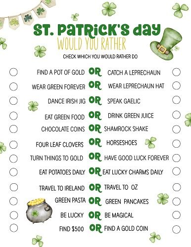 St. Patrick's Day Game printable ,- Would you rather game printable with shamrock decoration St Patricks Activities, St Patrick's Day Printables, This Or That Game, Drink Green Juice, Irish Jig, St Patrick's Day Activities, Would You Rather Game, Rather Questions, St Patricks Day Crafts For Kids