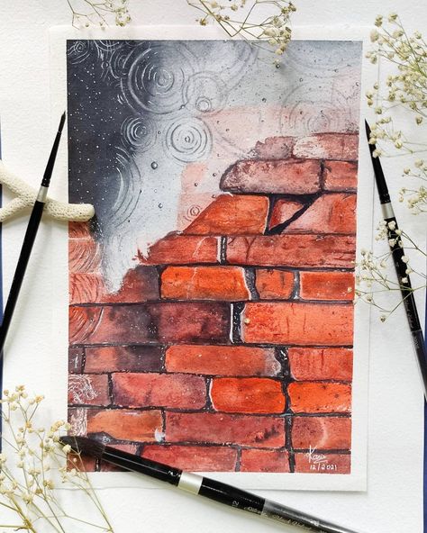 Watercolor painting of bricks and ripples in water Brick Painting Art, Brick Watercolor, Visual Techniques, Texture Drawing, Graffiti Artwork, Bday Cards, Texture Background, Wood Texture, Art Sketchbook