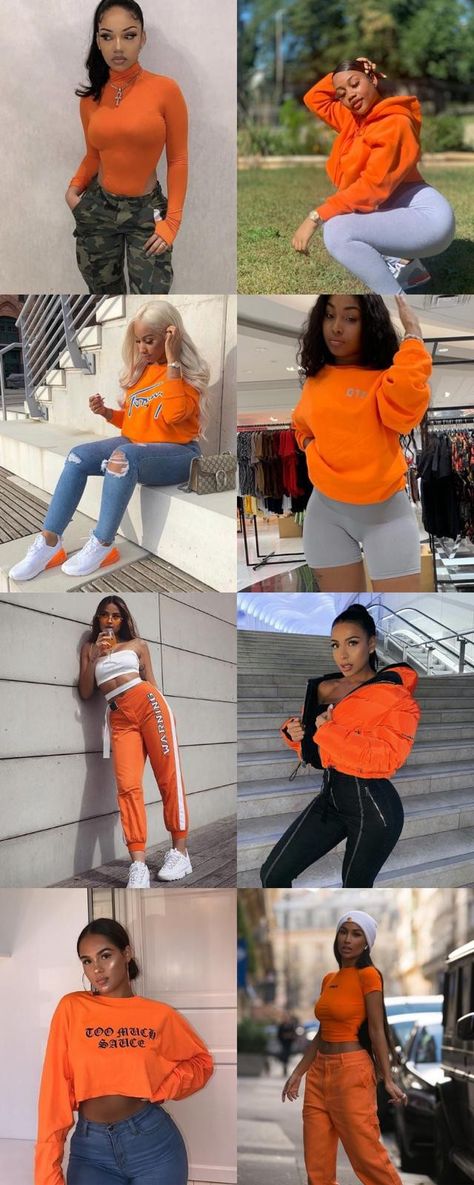 Baddie Sweatshirt Outfit, Orange Hoodie Outfit Black Women, Baddie Orange Outfits, Orange Fall Outfits Black Women, Orange Shirt Outfit Black Woman, Valentines Day Outfits Baddie, Orange And Grey Outfit, Orange Streetwear Outfit, Orange Sweatshirt Outfit