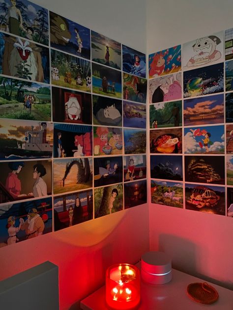 Ghibli Postcard Wall, Studio Ghibli Wall Decor, Studio Ghibli Postcard, Studio Ghibli Room, Ghibli Room, Photo Walls Bedroom, Room Anime, Postcard Wall, Clean With Me