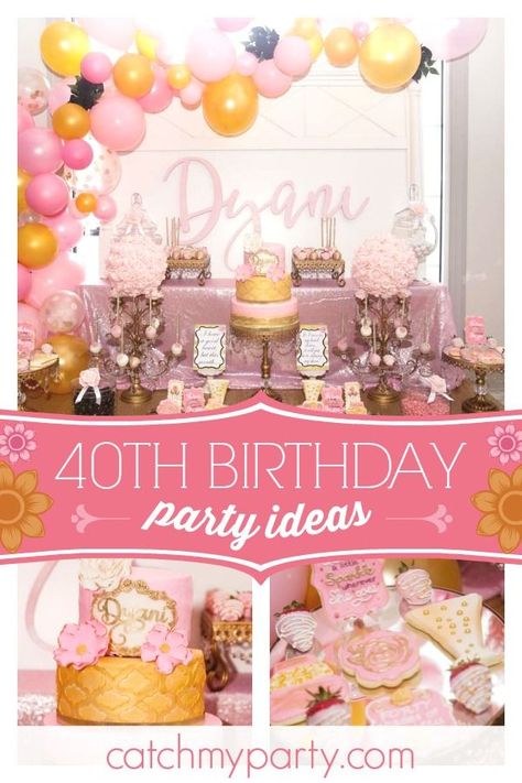 Don't miss this forty shades of fabulous 40th birthday party! The dessert table and balloon garland are gorgeous!! See more party ideas and share yours at CatchMyParty.com #catchmyparty #partyideas #40thbirthdayparty Dessert Table Ideas 40th Birthday, Pretty In Pink 40th Birthday Party, Birthday Party Ideas Pink, 40th Birthday Cake For Women, Birthday Cupcakes For Women, 40th Birthday Party Themes, Pink Birthday Theme, 40th Birthday Cupcakes, Easy Birthday Gifts