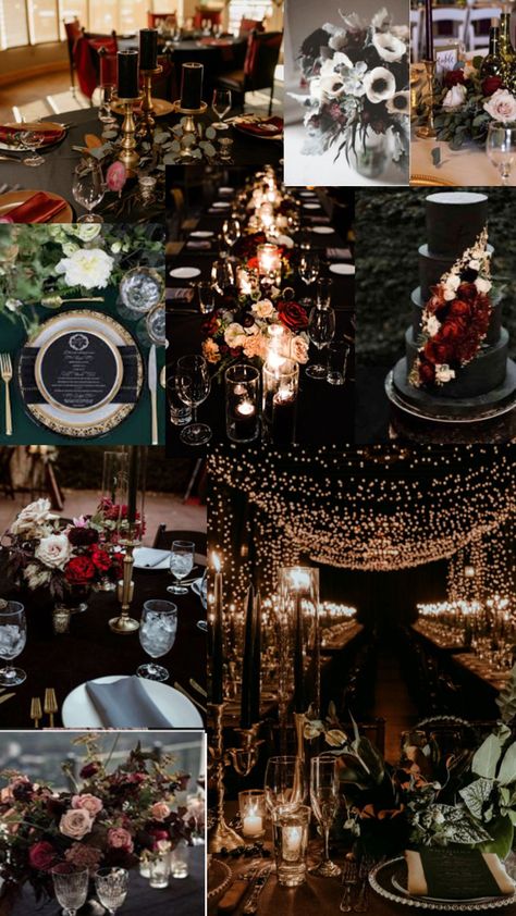 Black Green Wedding, White And Gold Wedding Reception, Black White And Gold Wedding, Green Wedding Ideas, Dark Romantic Wedding, 30th Birthday Bash, Gold Wedding Reception, Dark Wedding Theme, White And Gold Wedding