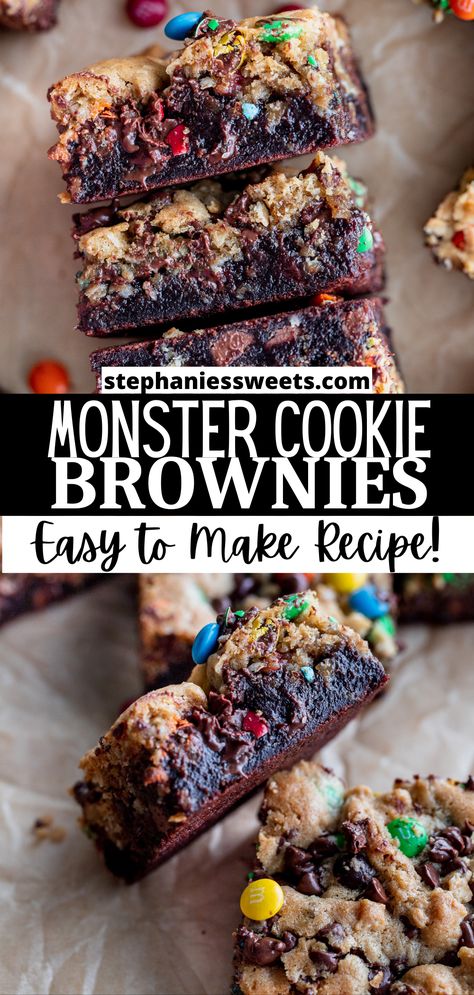 Brookies Recipes Cookies, Dessert With Brownies, Crazy Brownie Recipes, Monster Cookie Dough Brownies, Monster Cookie Brownies, Kid Favorite Desserts, Baking Dessert Ideas, Bakery Style Brownies, Fun Desserts To Make For A Party