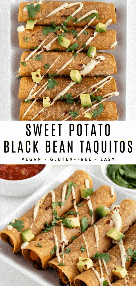 Taquitos Potato, Black Bean Taquitos, Vegan Taquitos, Bean Taquitos, Crunchy Corn, Mashed Sweet Potato, Cashew Sour Cream, Sweet Potato Black Bean, Guacamole Salsa