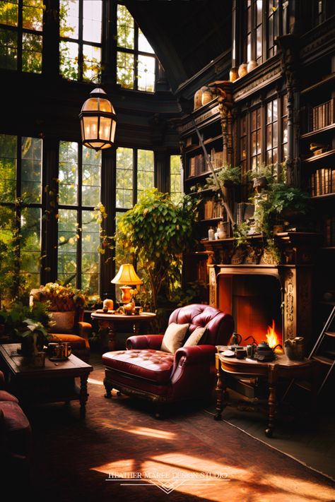 Living Room And Library Combo, Cozy Library With Fireplace, Woodsy Library, Library With Plants, Cottagecore Fireplace, Modern Cottagecore Aesthetic, Dream Library Cozy Reading Room, Room Inspo Dark, Cozy Library Room Ideas