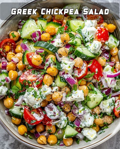 Chickpea Greek Salad with Tzatziki Dressing: A Veggie Protein Delight – Foodyhealthylife Tzatziki Chickpea Salad Nyt, Tzatziki Sauce Salad, Greek Salad With Tzatziki Sauce, Greek Salad Bowl Recipe, Greek Chickpea Salad + Tzatziki Dressing, High Protein Greek Salad, Tzatziki Chicken Salad Recipe, Chickpea Greek Salad, Tzatziki Chicken Salad