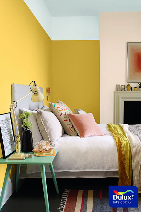 Popular Bedroom Colors, Yellow Kids Bedroom, Blue Yellow Bedrooms, Yellow Girls Bedroom, Peach Room, Yellow Bedroom Walls, Yellow Bedrooms, Mustard Bedroom, Yellow Bedroom Decor