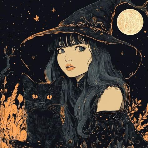 By Shayla's Art Sanctuary  FB Autumn Witch, Halloween Drawings, Cute Black Cats, Watercolor Art Lessons, Witch Art, Halloween Photos, Cute Wallpaper Backgrounds, Halloween Prints, Cat Girl