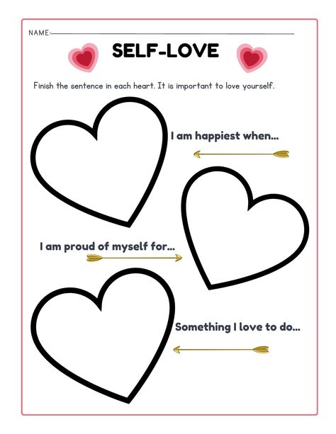 Self-love is important to teach, especially on Valentine's Day! Try this activity with your students or kiddo! Valentines Self Esteem Activities, Self Kindness Activities, Love Yourself Worksheet, Social Emotional Valentines Activities, Self Love Icebreaker, Valentines Day Therapy Activities Kids, Heart Hand Craft, Self Love Lessons For Kids, My Heart Fills With Happiness Activity