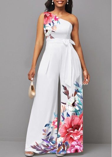 White Tie Floral Print Long Belted Sleeveless Jumpsuit | modlily.com - CHF 40.76 Chic Jumpsuit Outfit, Wide Leg Jumpsuit Outfit, Classy Jumpsuit Outfits, Classic Outfits For Women, Classy Jumpsuit, Jumpsuit Outfits, White Fashion Casual, One Shoulder Jumpsuit, Jumpsuit Chic