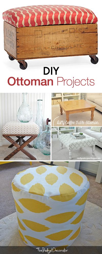 DIY Ottoman Projects • Tutorials and ideas! Foot Stools Diy, Foot Stool Ideas, Wine Crate Ottoman, Footstool Diy, Diy Footstool, Crate Ottoman, Ottoman Ideas, Ottoman Diy, Diy Ottoman