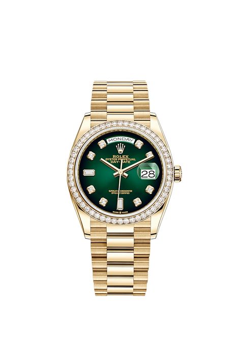 Buy Rolex, Gold Rolex, Womens Watches Luxury, Green Diamond, Rolex Day Date, Gold Hands, Gold Case, Luxury Watches For Men, Bezel Diamond