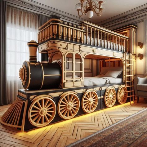 Antique Train-Shaped Bunk Bed Bedroom Diy Wall Art, Girls Bedroom Color Schemes, Train Bed, Kids Bedroom Diy, Antique Train, Wall Art Girls Bedroom, Cool Kids Bedrooms, Bedroom Design Inspiration, Bedding Inspiration