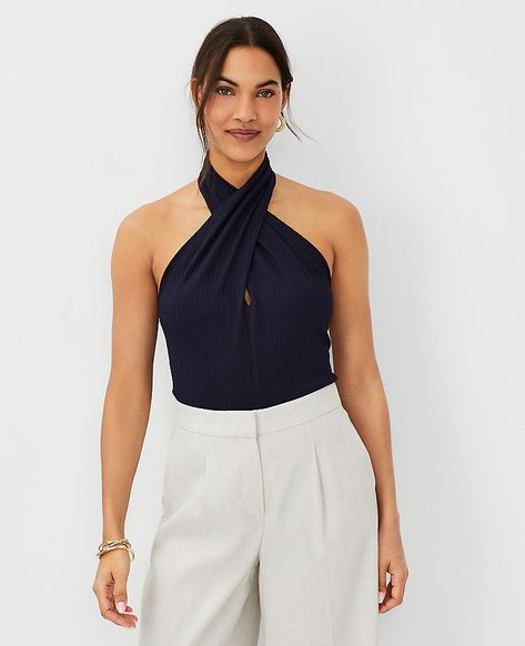 Ribbed Criss Cross Halter Top Halterneck Top Outfit, Halter Neck Top Outfit, Neck Top Outfit, Cross Halter Top, Criss Cross Halter Top, Ann Taylor Petite, Criss Cross Top, Halterneck Top, Cross Top