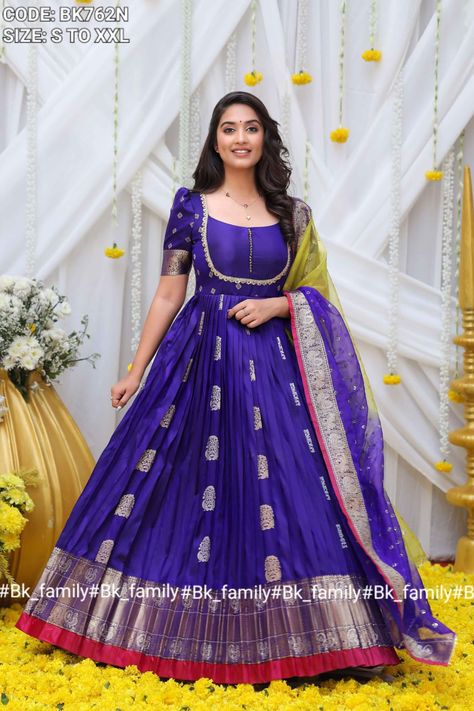 Blouse Models For Half Saree, Pattu Anarkali Dress, Pattu Gowns For Women, Traditional Gown From Saree, Saree Anarkali Dress, Pattu Long Frocks For Women, Long Frocks Indian Designer Dresses, Purple Indian Wedding, Long Frocks For Women