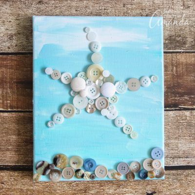 Starfish Wall Art: an easy and adorable button craft for all ages! Art For Alzheimers Craft Ideas, Easy Crafts For Elderly Nursing Homes, Fish Button Art, Flamingo Button Art, Sea Shell Canvas Art For Kids, Mermaid Button Art, Button Art On Canvas, Starfish Craft, Beach Crafts For Kids