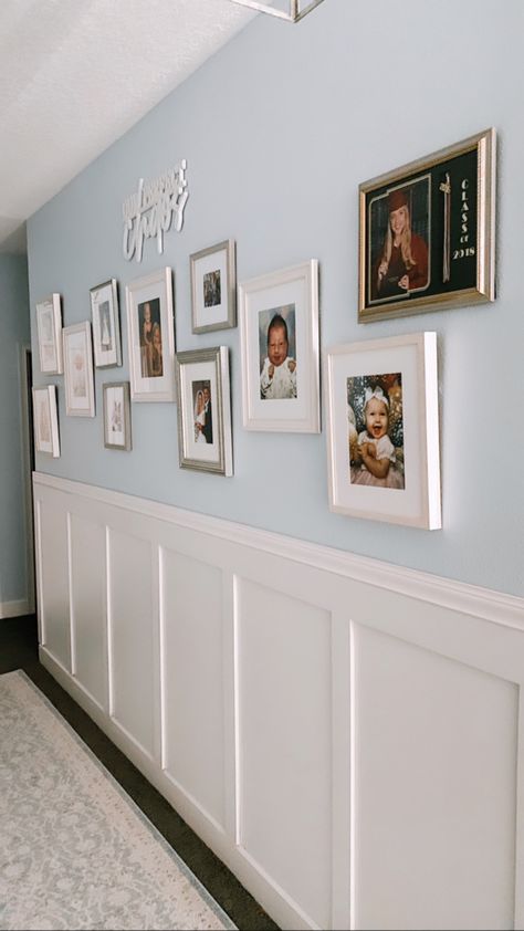 Board And Batten Wall With Photo Gallery, Wainscoting And Gallery Wall, Gallery Wall Above Wainscoting, Board And Batten With Gallery Wall, Board And Batten Gallery Wall, Gallery Wall Hallway, Hallway Board And Batten, Rub And Buff, Diy Board And Batten