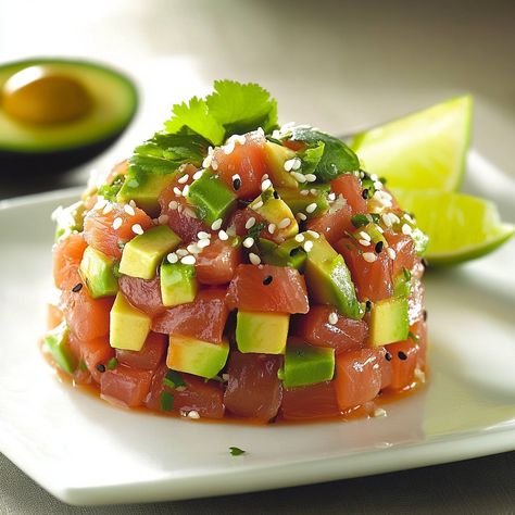 Tuna Tartare with Avocado A light and refreshing dish featuring fresh tuna and creamy avocado, this elegant appetizer is perfect for special occasions or a healthy, gourmet snack. Ingredients: For the Tartare: 8 oz (225g) sushi-grade tuna, diced into small cubes 1 ripe avocado, diced 1 tablespoon soy sauce 1 teaspoon sesame oil 1 teaspoon fresh lime juice 1 teaspoon finely grated ginger 1 small shallot, finely chopped 1 teaspoon sriracha or chili sauce (optional, for heat) 1 tablespoon fre...