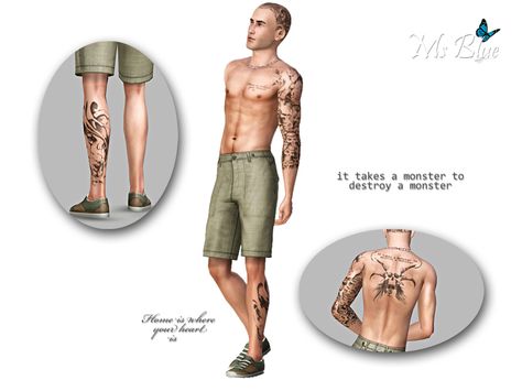 Set of 3 male tattoos + one with all the tattoos together. First is a left arm tattoo with skulls, roses and lettering across the chest that says: Home is where your heart is. Second is a back... Sims 4 Tattoos Male, Sims Tattoos, Cc Tattoo, Sims 4 Tattoos, The Sims 4 Skin, Sims 5, 4 Tattoo, Leg Tattoo Men, Leg Sleeve Tattoo