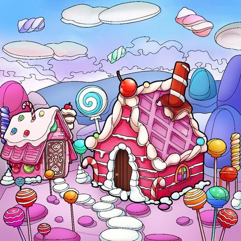 Candyland Painting, Candyland Drawing, Candy Land Drawing, Candy House Drawing, Candy Template, Candy City, Candy Castle, Copic Drawings, Drawing Competition