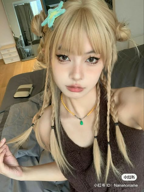 Rave Wig Outfit, Japanese Inspired Hairstyles, Cute Y2k Hairstyles With Bangs, Pigtail Hairstyles With Bangs, Hairstyles W Bangs, Japanese Hair Dye, Y2k Haircut, Hairstyles Ribbon, Hairstyles Y2k