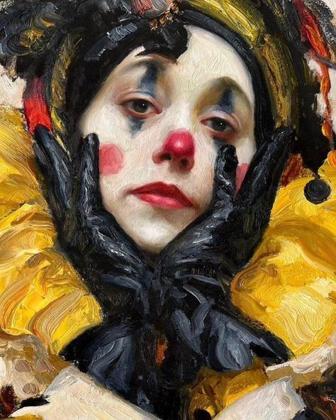 “Tired Jester” by Nihad Aghazadeh. Oil on canvas, 90/60 sm. The price is 3500 EURO including WW shipping. The role of Jester in Medieval times was very complicated. On the one hand, the Jester was the lowest rank on the King’s court. However, the jester could often speak frankly to the king and even ridicule him and never have any consequences for his actions. Traditionally, he had immunity from the punishment. It was considered a bad manner to punish or execute a Jester. As nobles could no... Female Court Jester, Medieval Court Jester, Court Jester Drawing, Jester Color Palette, Medieval Jester Aesthetic, Jesters Privilege, Jester Pose Reference, Jester Medieval, Court Jester Aesthetic