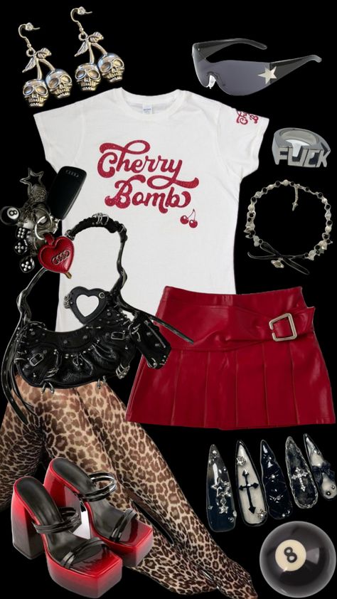 #rockstargf #rockstargirlfriend #outfitinspo #cherrybomb #hot #darkfeminine Inspiration For Women, Outfit Red, 2000s Fashion Outfits, Red Skirt, Mötley Crüe, 2000s Fashion, Clothing Ideas, Lookbook Outfits, Fashion Outfit