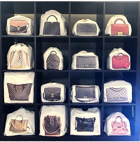 Designer Handbag Storage Idea Designer Purse Storage, Designer Bag Storage Ideas, Designer Bag Storage, Display Purses In Bedroom, Pocketbook Storage Ideas, Purse Display Ideas Closet, Handbag Storage Ideas Small Spaces, Organise Bags, Purse Organization Closet