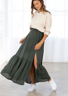 Bohemian Maxi Skirt, Olive Skirt, Vintage Band Tees, Maxi Skirt Boho, Bohemian Maxi, Tiered Maxi Skirt, Summer To Fall, Boho Maxi, Maxi Skirts