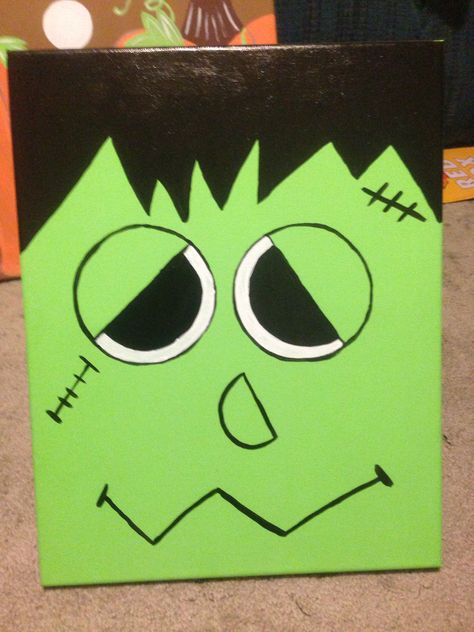 Frankenstein canvas painting...Halloween decor. East Halloween Paintings, Halloween Theme Painting Ideas, Easy Spooky Canvas Paintings, Fall Canvas Ideas Easy, Halloween Canvas Paintings Easy Diy, Halloween Paintings For Kids, Halloween Painting On Canvas Easy, Easy Canvas Painting Halloween, Simple Things To Paint On Canvas Easy Halloween