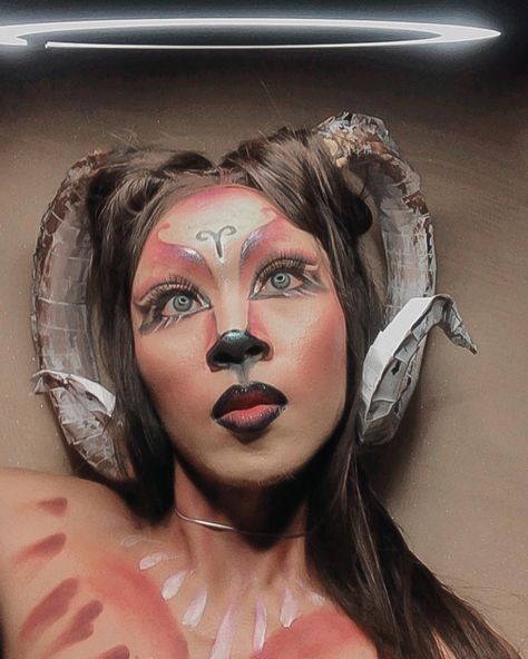 Aries MakeUp look all inspiration from my imagination😘 Love Aries Ram Makeup, Satyr Makeup, Aries Makeup Look, Lamb Makeup, Aries Costume, Aries Horns, Aries Makeup, Aries Star Sign, Office Halloween