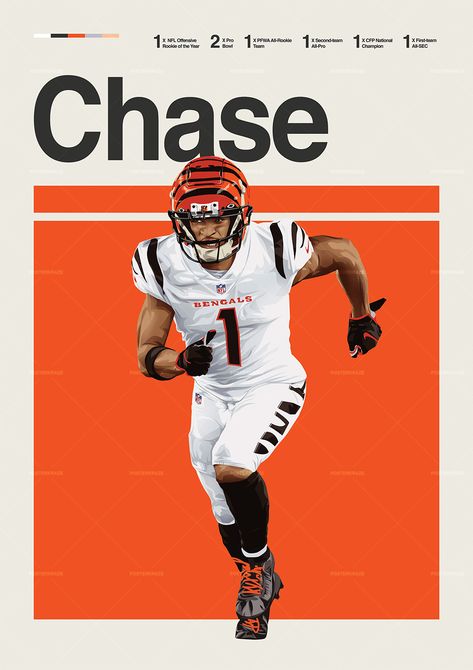 Ja'Marr Chase poster featuring a mid century modern design style. The high-quality print showcases a beautiful digital drawing of Ja'Marr Chase. Perfect for any Cincinnati Bengals fan looking to add some flair to their living space. Anime Tshirts, Typography Logo Inspiration, Football Posters, Sports Posters, Contemporary Mid Century, Burn Book, Contemporary Mid Century Modern, Player Card, Anime Tshirt