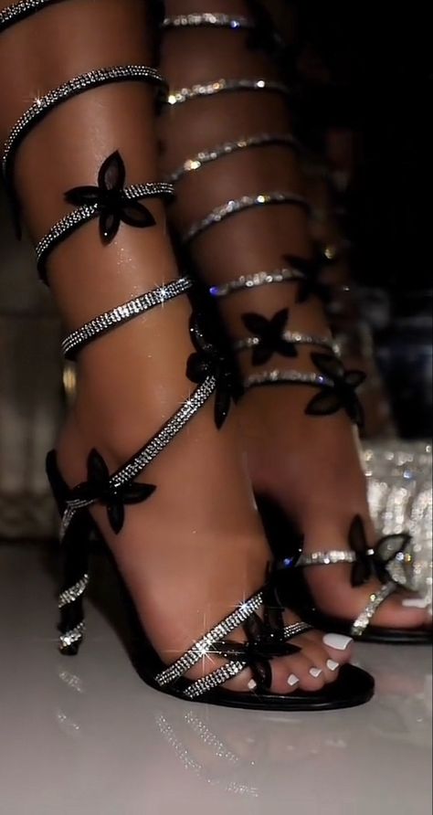 Black Butterfly Heels, Butterfly Heels, Cute High Heels, Miss Lola, Sparkle Shoes, Makeup Stuff, Heels Outfits, Stunning Shoes, Black Strappy Heels