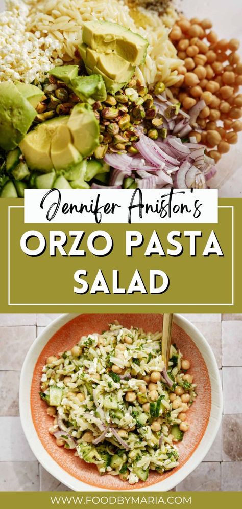 This orzo pasta salad was all the craze in the 90’s when Jennifer Aniston was playing the famous Rachel on Friends! I wanted to see what all the hype was about and decide to make it myself, with a few tweaks of course. This 5-step salad is so easy to make and only needs a handful of ingredients. Enjoy! Jennifer Aniston Salad With Orzo, Vegetarian Cold Pasta Recipes, Orzo Summer Pasta Salad, Orzo Pasta Salad Vegan, Vegan Orzo Salad Recipes, Easy Orzo Pasta Salad, Rachel Salad Friends, Pasta Salad Recipes Orzo, Healthy Pasta Salads Cold