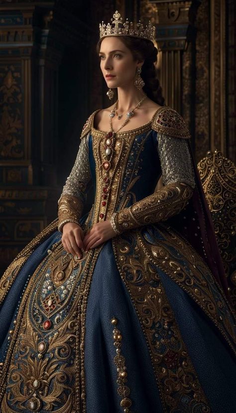 Fantasy Coronation Gown, Fantasy Royal Court, Queens Gown, Royal Dresses Princesses, Queen Dress Royal Medieval, Queen Outfits Royal Medieval, Royal Dresses Queens Fantasy, Queen Outfits Royal, Queen Attire