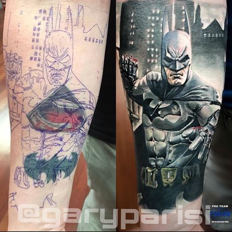 Batman coverup tattoo done by @garyparisi | www.otzi.app Batman Cover, Fandom Tattoos, Dead Tattoo, Comic Book Tattoo, Coverup Tattoo, Tattoo Expo, Comic Tattoo, Batman Tattoo, Fusion Ink