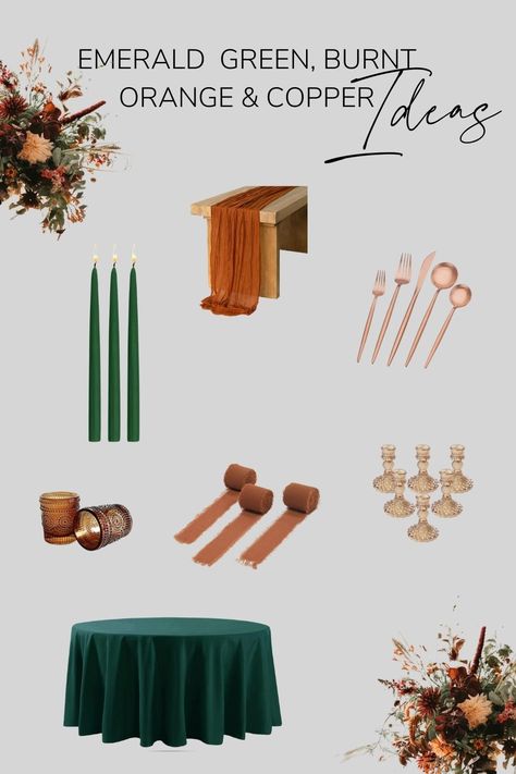 Green Velvet Linen Wedding, Burnt Orange Forest Green Wedding, Emerald Green And Copper Wedding, Emerald And Terracotta Wedding, Burnt Orange And Green Wedding, Green And Copper Wedding, Burnt Orange Weddings Decorations, Copper Wedding Theme, Green Wedding Palette