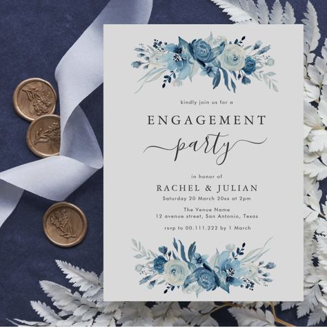 wedding card fix Blue And White Wedding Theme, Wedding Theme Blue, Floral Wedding Theme, Wedding Theme Design, Elegant Engagement Party, Retro Wedding Invitations, Blue Watercolor Floral, White Wedding Theme, Engagement Party Gifts