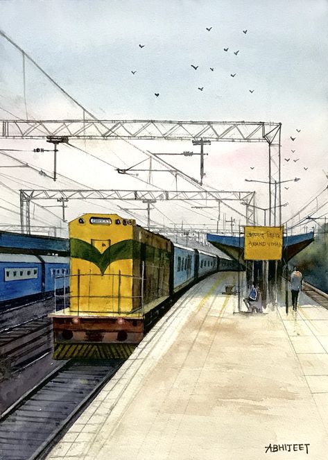 Indian railway Train Indian Railways Drawing, Indian Railways Illustration, One Point Perspective Railway Station, Railway Station Memory Drawing, Railway Station Drawing Sketch, Railway Station Sketch, Railway Station Illustration, Train Station Sketch, Railway Station Painting