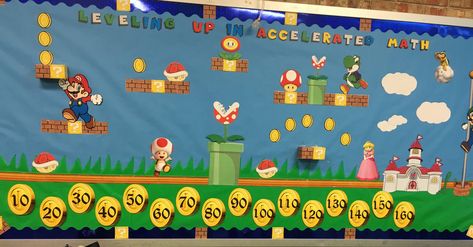 Mario Brothers Bulletin Board Ideas, Super Mario Bulletin Board Ideas, Super Mario School Bulletin Board, Super Mario Classroom Bulletin Boards, Super Mario Bulletin Board, Mario Bulletin Board, Ar Bulletin Boards, Kindergarten Classroom Organization, Mario Brothers