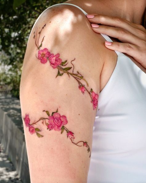 Pink Rose Vine Tattoo, colorful flower arm tattoo Rosebud Vine Tattoo, Briar Rose Tattoo, Rose Vine Tattoo, Flower Vine Tattoo, Flower Arm Tattoo, Rose Vine Tattoos, Flower Vine Tattoos, Tattoo Colorful, Soft Pink Roses