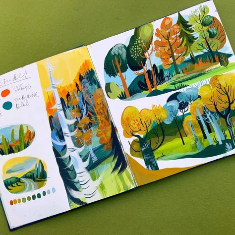 #greenstudies Love to play with the double page layout. #limitedpalette #gouachepainting #gouache #illustration #doublepage #greens… | Instagram Gouache Inspiration, Gouache Sketchbook, Gouache Illustration, Gouache Color, Gouache Illustrations, Posca Art, Gouache Art, Arte Sketchbook, August 26