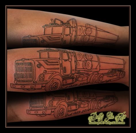 logging truck black linework outline semi tractor memorial forearm dad lettering font 1959 2014 tattoo kamloops tattoo dolly's skin art Log Truck Tattoo, 2014 Tattoo, Trucker Tattoo, Grandfather Tattoo, Log Truck, Memorial Tattoo Designs, Truck Tattoo, Memorial Tattoo, Memorial Tattoos