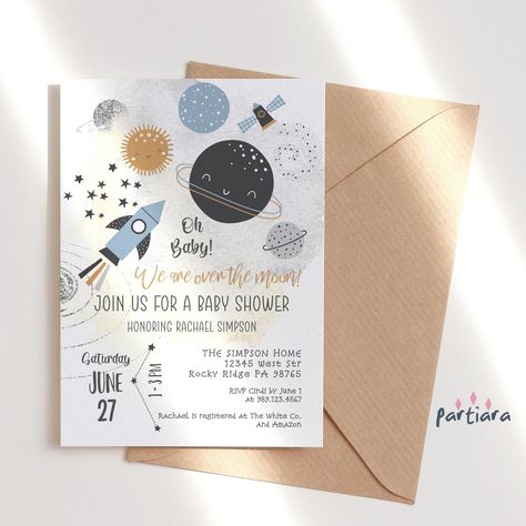 "Baby Space Party Boy Baby Shower Invite Over the Moon Baby Sprinkle Invitation Printable Charcoal Blue Decor Editable Digital Download P166 NOTE - THE HEADER IS NOT EDITABLE ★★ MATCHING ITEMS ★★ To see more items from this collection https://etsy.me/3uREm3j TRY THE FREE DEMO BEFORE YOU BUY! Copy and paste the URL into your browser to demo - https://www.corjl.com/d/2JDH5L A sweet 5 x 7\" invitation template for self-editing, downloading and printing. You will be able to edit your Template straig Space Birthday Invitation, Outer Space Party, Moon Baby Shower, Moon Party, Space Birthday Party, 2nd Birthday Invitations, Baby Shower Invitaciones, Boy Birthday Invitations, Space Birthday