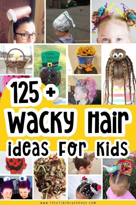 Are you looking for a wacky hairstyle for kids? Here are over 125 wild and wacky hairdos for kids perfect for spirit or red ribbon week.  We've got crazy hair day ideas for girls, boys, long hair, short hair and all the holidays too.  Head on over to our site today to get some crazy hair day inspiration right now. Crazy Hair Day Ideas For Natural Hair, Fast Crazy Hair Day Ideas, Wacky Week Preschool, Dinosaur Crazy Hair Day, Crazy Hair Day Ideas For Adults, Wacky Wednesday Hairstyles, Girl Crazy Hair Day Ideas, Easy Crazy Hair Day Ideas Kids Simple, Crazy Pigtails